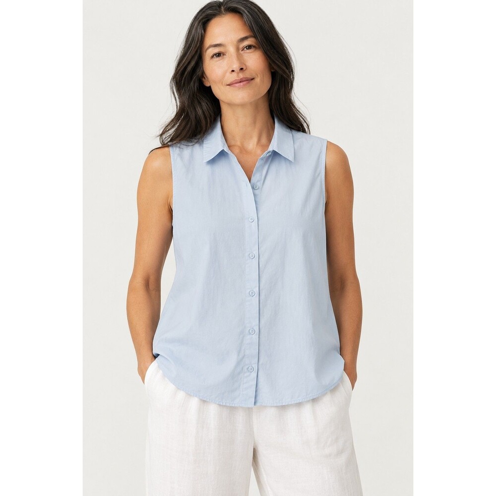 NWT Eileen Fisher Sleeveless Button Front Top M Blue Poplin 100% Organic Cotton